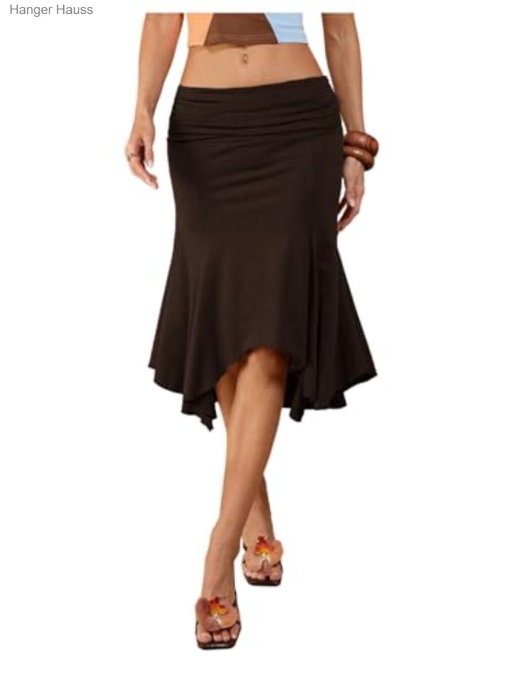 Women's Ruched Asymmetrical Handkerchief Hem Midi Skirt Bodycon
